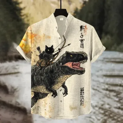 Men's Black Cat Riding A Dinosaur Art Print Casual Shirt - Beige
