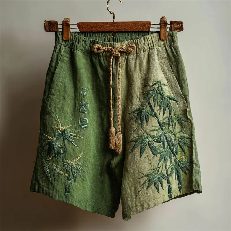 Japanese Bamboo Embroidered Gradient Dyed Linen Shorts - Green