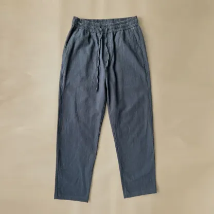 Men's Vintage Elastic Waist Drawstring Casual Cotton Linen Pants - Navy blue