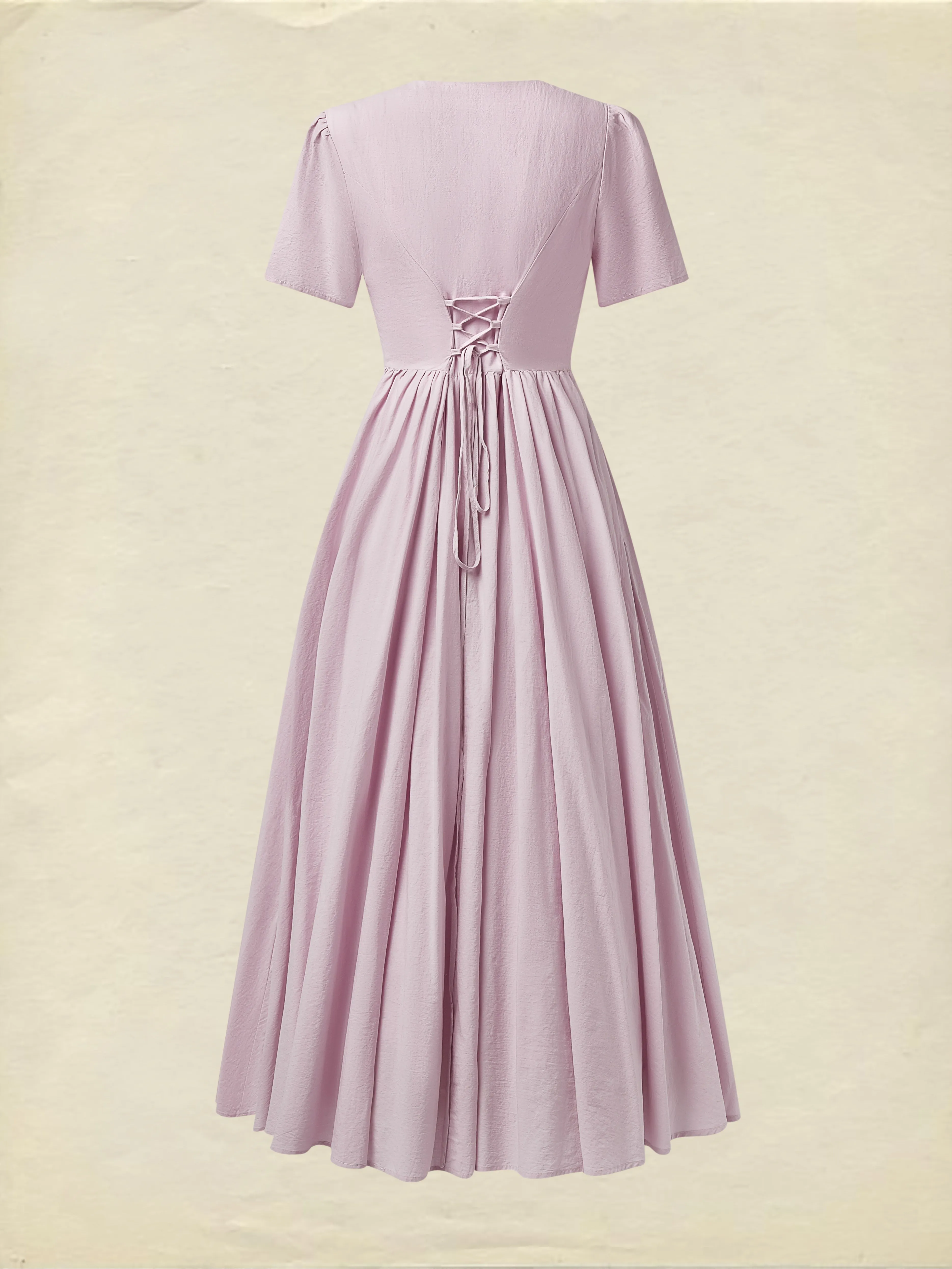 Cotton Maxi Dress, Short Sleeve, V neck, Plain, Vintage, Purple - Purple