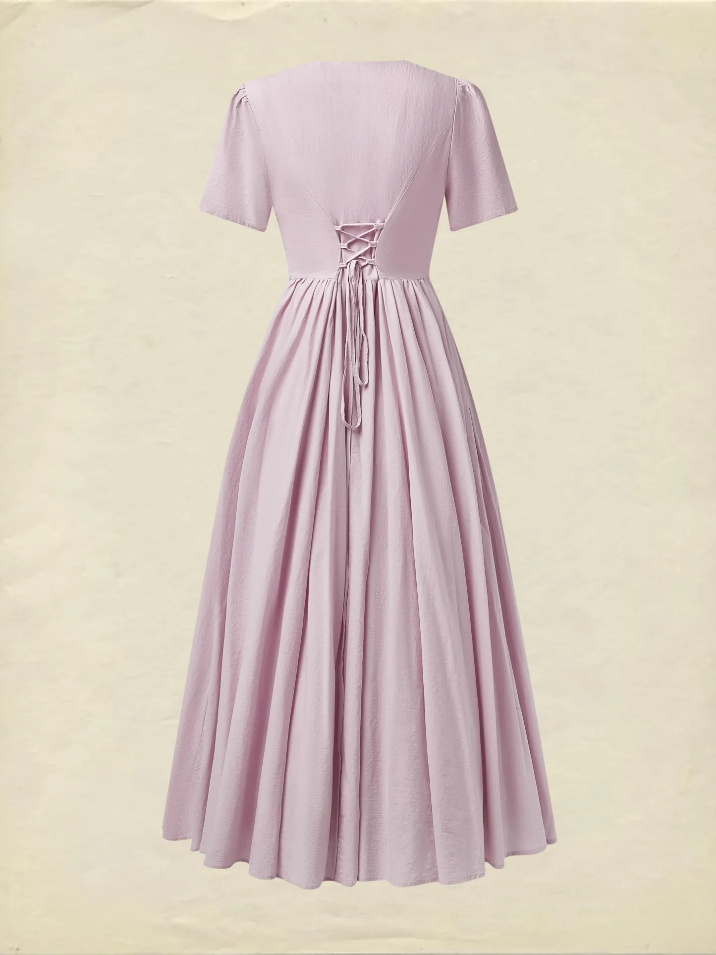 Cotton Maxi Dress, Short Sleeve, V neck, Plain, Vintage, Purple - Purple