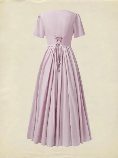 Cotton Maxi Dress, Short Sleeve, V neck, Plain, Vintage, Purple - Purple