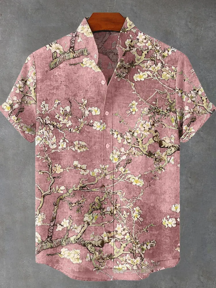 Vintage White Art Florets Print Casual Cotton Shirt - Grey