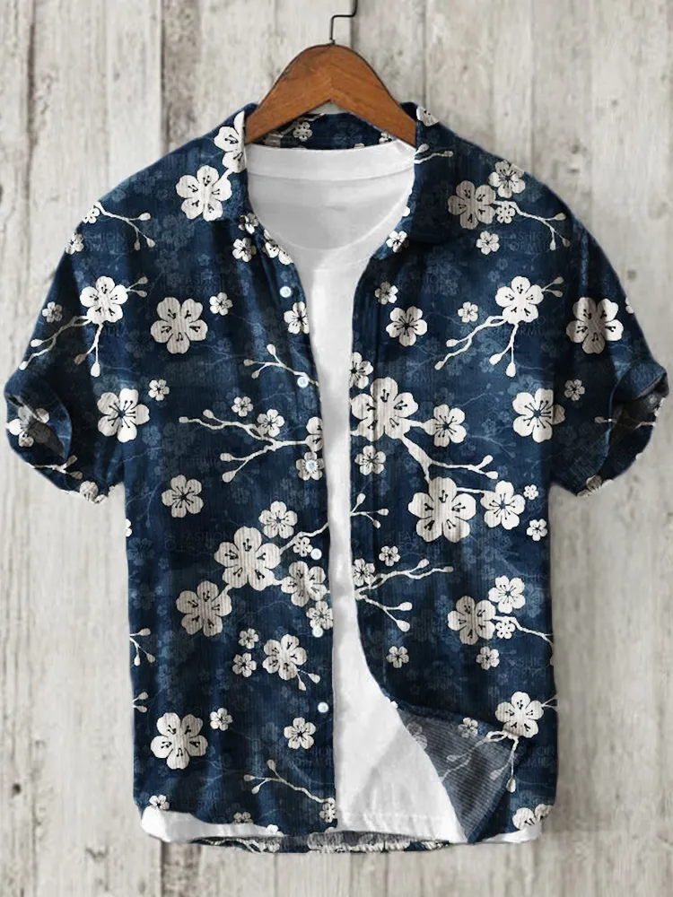 Cherry Blossom Japanese Pattern Linen Blend Shirt - Black