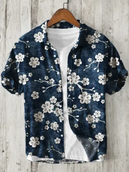 Cherry Blossom Japanese Pattern Linen Blend Shirt - Black