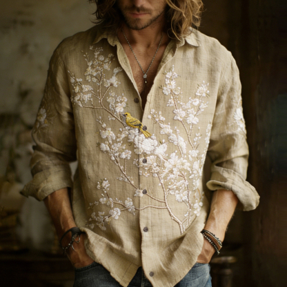 Men's Apricot Blossom With Bird Embroidery Painting Art Linen Shirt - Light khaki