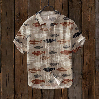 Vintage Fish Japanese Art Linen Blend Comfy Shirt - Blue
