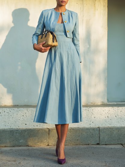Midi Cotton Dress Set, Long Sleeves, Round Neck, Plain, Button Design, French Vintage, Blue - Blue