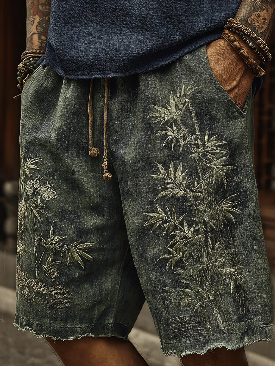 Vintage Japanese Bamboo Embroidery Art Linen Blend Casual Shorts - Dark gray