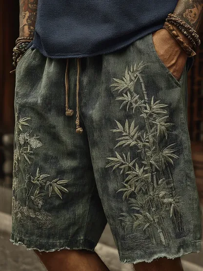 Vintage Japanese Bamboo Embroidery Art Linen Blend Casual Shorts - Dark gray