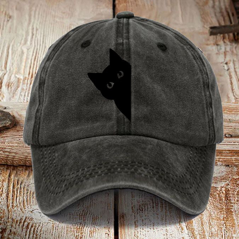 Japanese Art Black Cat Print Washed Sun Hat - Army Green