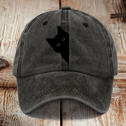 Japanese Art Black Cat Print Washed Sun Hat - Army Green