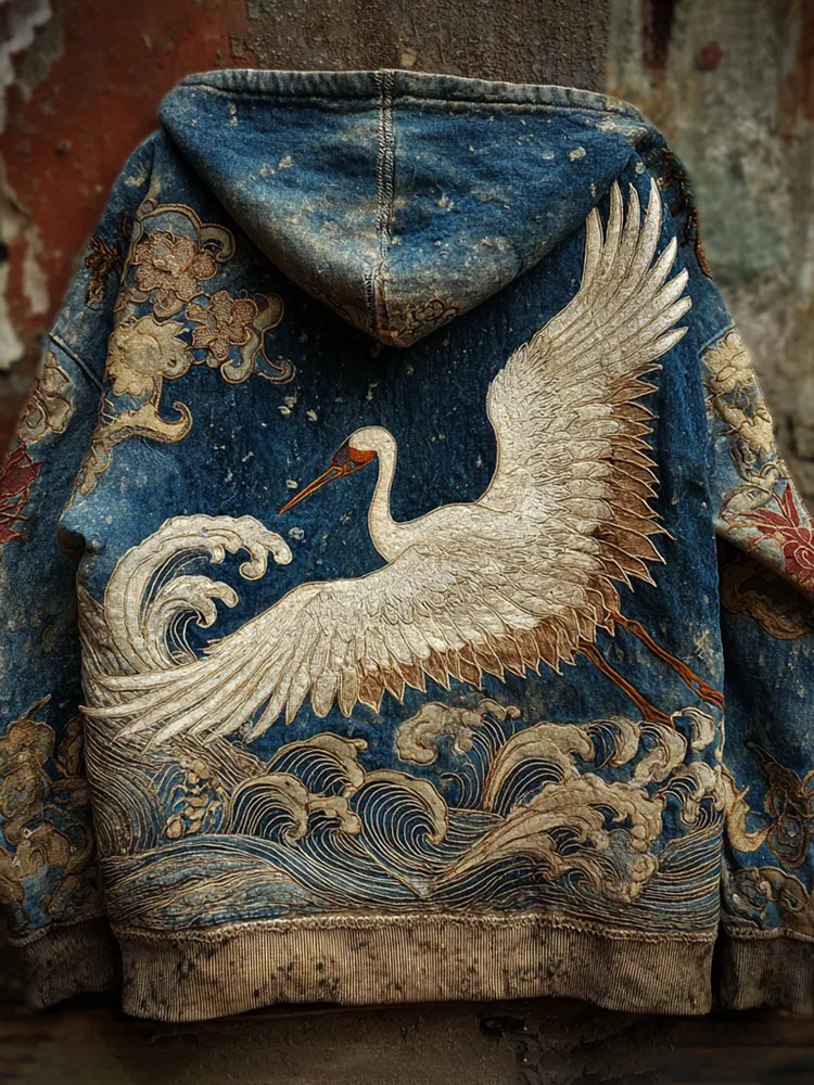 Vintage Japanese Crane Art Men's Hooded Sweatshirt - Blue