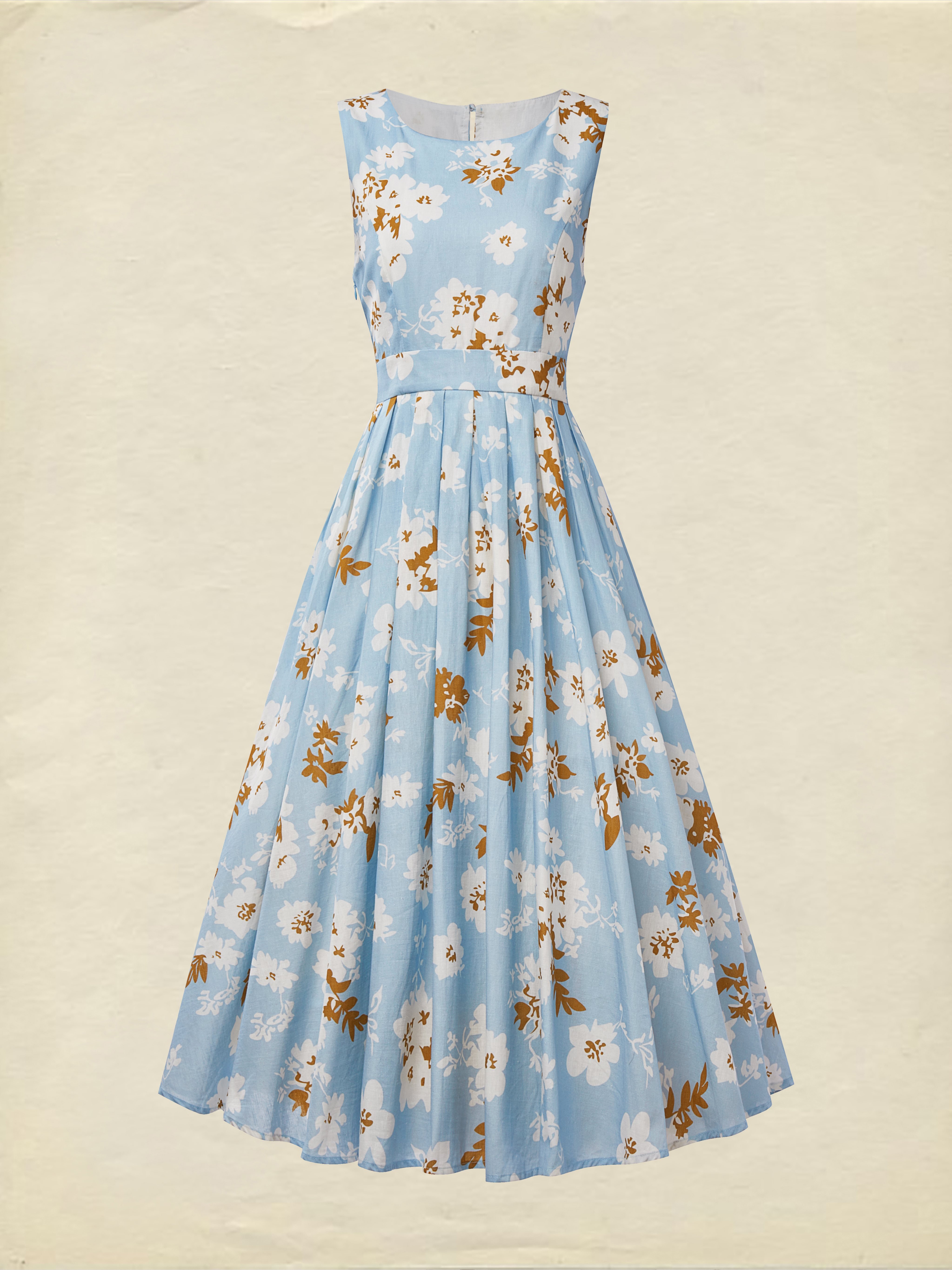 (SIZE:XS-XXL) Midi Linen Dress, Sleeveless, Round Neck, Floral, Pocket Design, Vintage, Blue - Blue