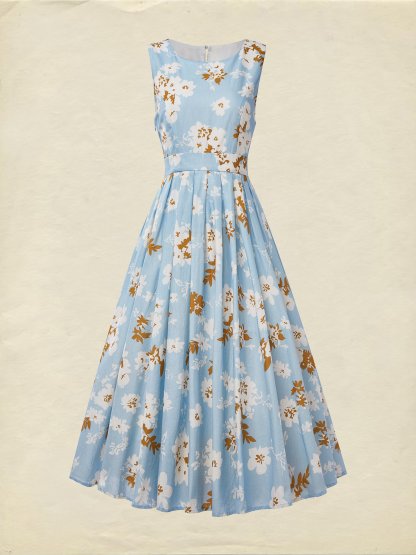 (SIZE:XS-XXL) Midi Linen Dress, Sleeveless, Round Neck, Floral, Pocket Design, Vintage, Blue - Blue