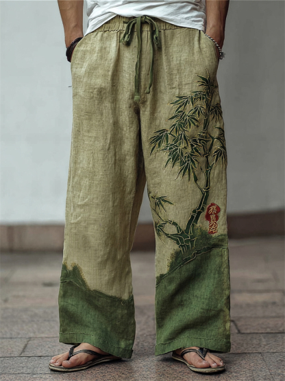 Men's Japanese Bamboo Embroidered Contrast Wide Leg Linen Pants - Green