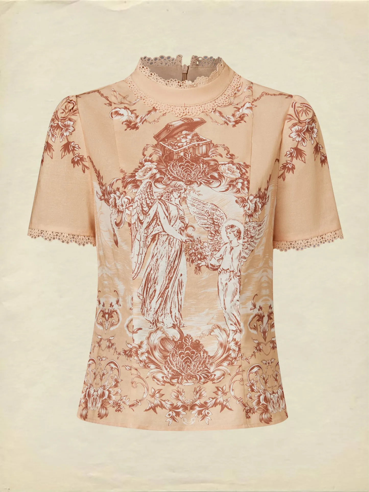 Cotton Shirt, Short Sleeves, Stand Collar, Angel, Lace, Vintage, Caramel - Caramel