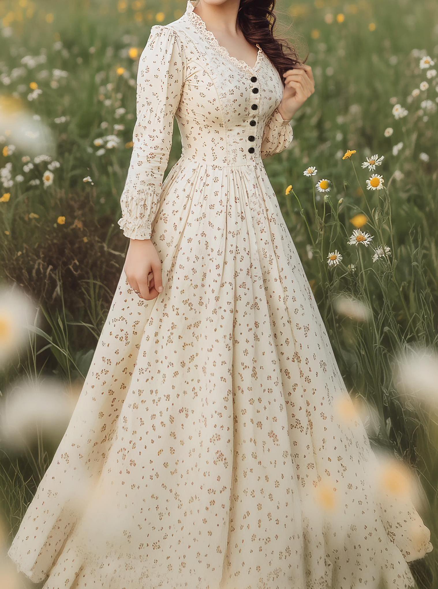 Linen Maxi Dress, Long Sleeves, V Neck, Botton Down, Floral, Apricot - Apricot