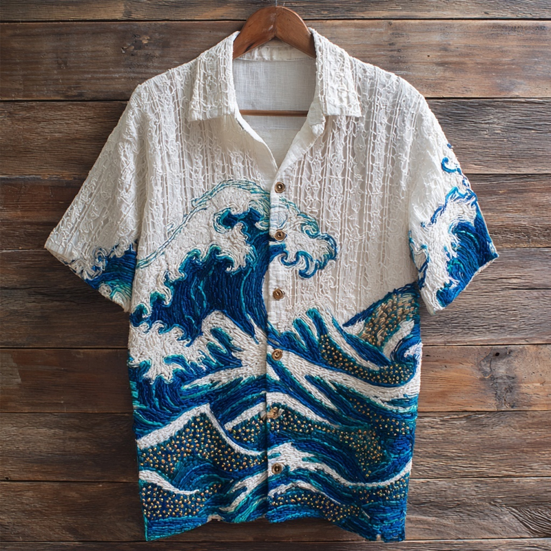 Vintage Ocean Waves Embroidered Comfy Linen Shirt - White