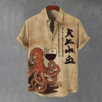 Men's Octopus Holding A Goblet Art Print Casual Shirt - Khaki