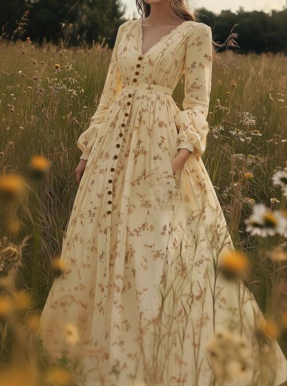 Maxi Linen Dress, Long Sleeves, V Neck, Cottagecore, Linen Blend, Apricot - Apricot