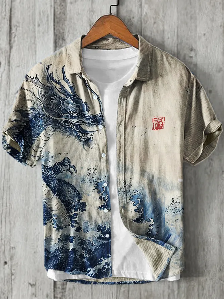 Ancient Dragon & Sea Waves Japanese Art Linen Shirt - Beige