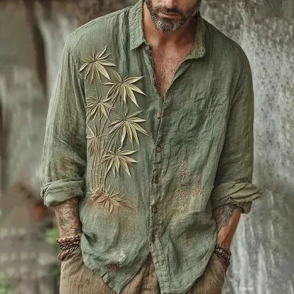 Men's Vintage Japanese Bamboo Embroidery Art Long Sleeve Linen Blend Shirt - Grey