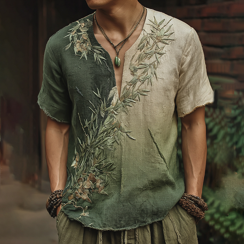 Men's Bamboo Embroidery Gradient V-neck Short Sleeve Linen Blend Shirt - Green beige