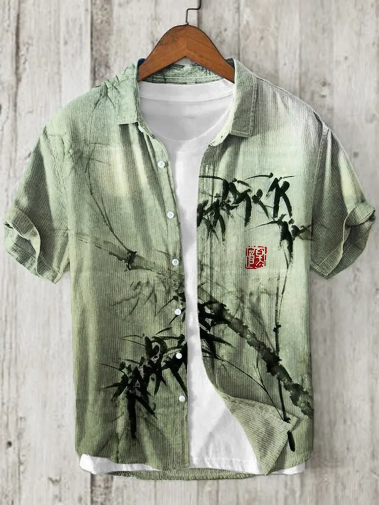 Bamboo Forest Full Moon Night Japanese Art Linen Blend Shirt - Green