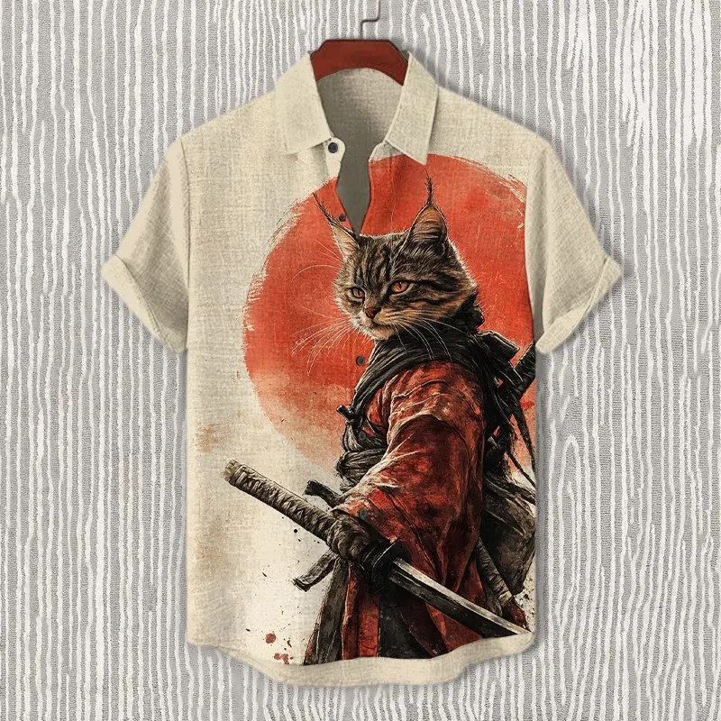Men's Samurai Cat Art Print Short Sleeve Shirt - Beige