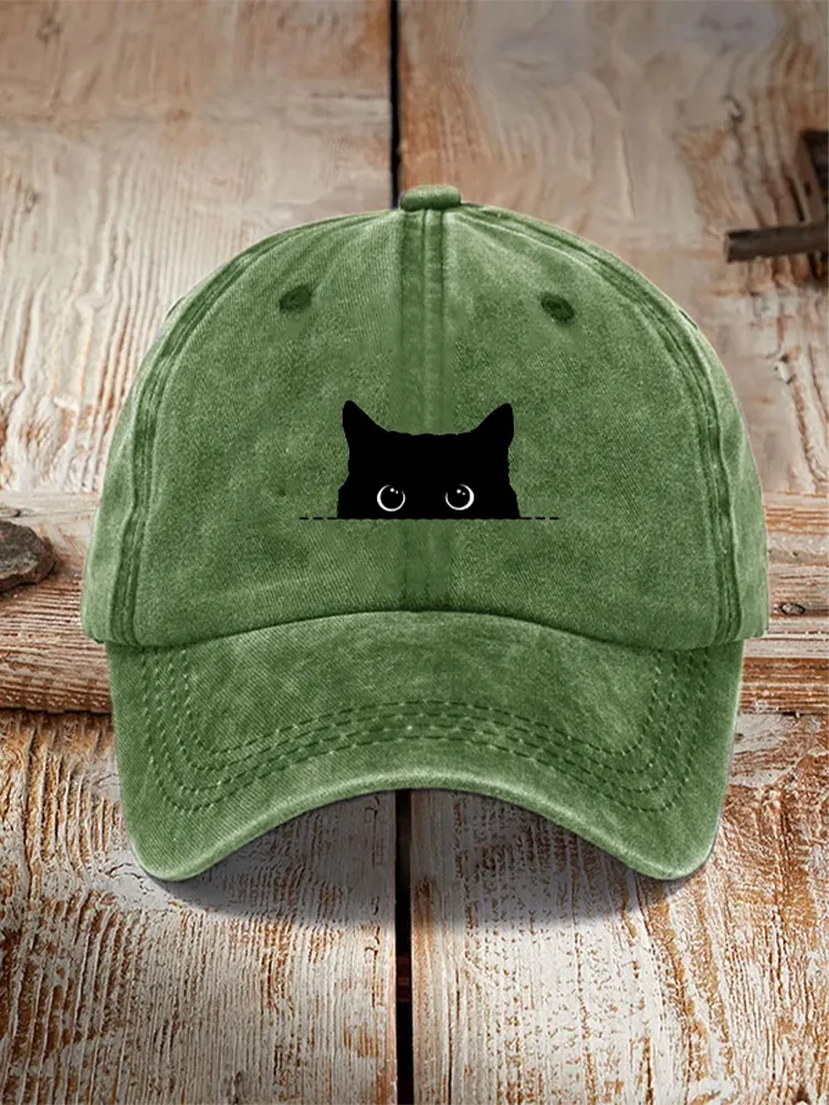 Japanese Art Black Cat Print Washed Hat - Green