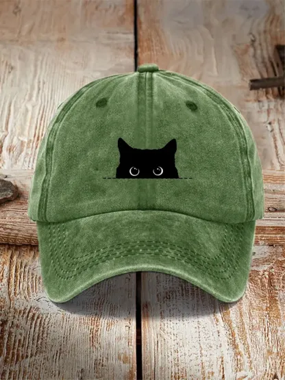 Japanese Art Black Cat Print Washed Hat - Green