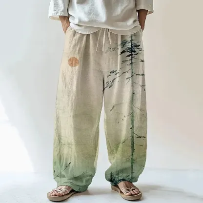 Men's Japanese Mountain Sunrise Painting Print Casual Pants - Beige