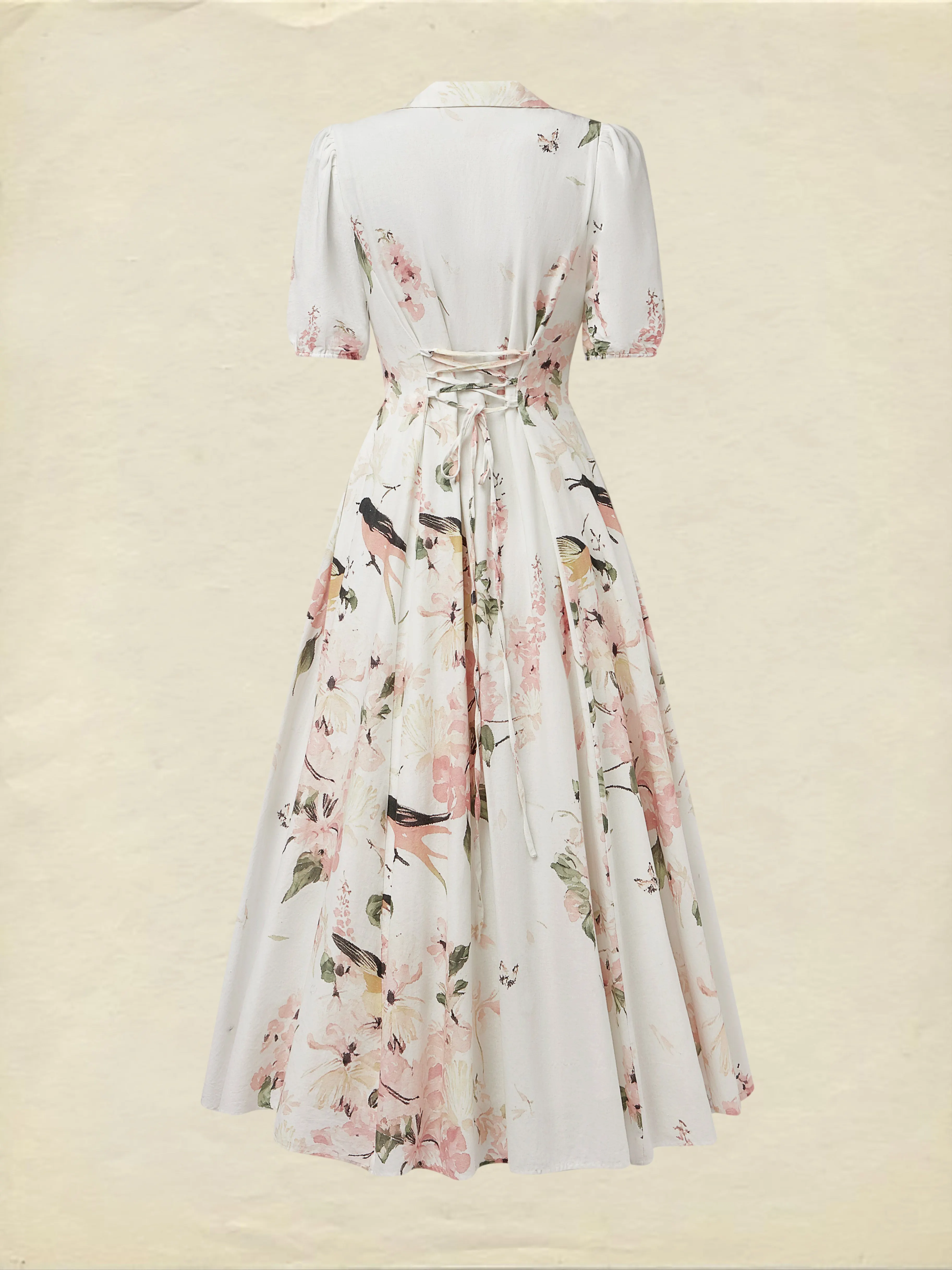Linen Maxi Dress, Balloon Sleeve, Shawl Collar, Floral, Vintage, White - White