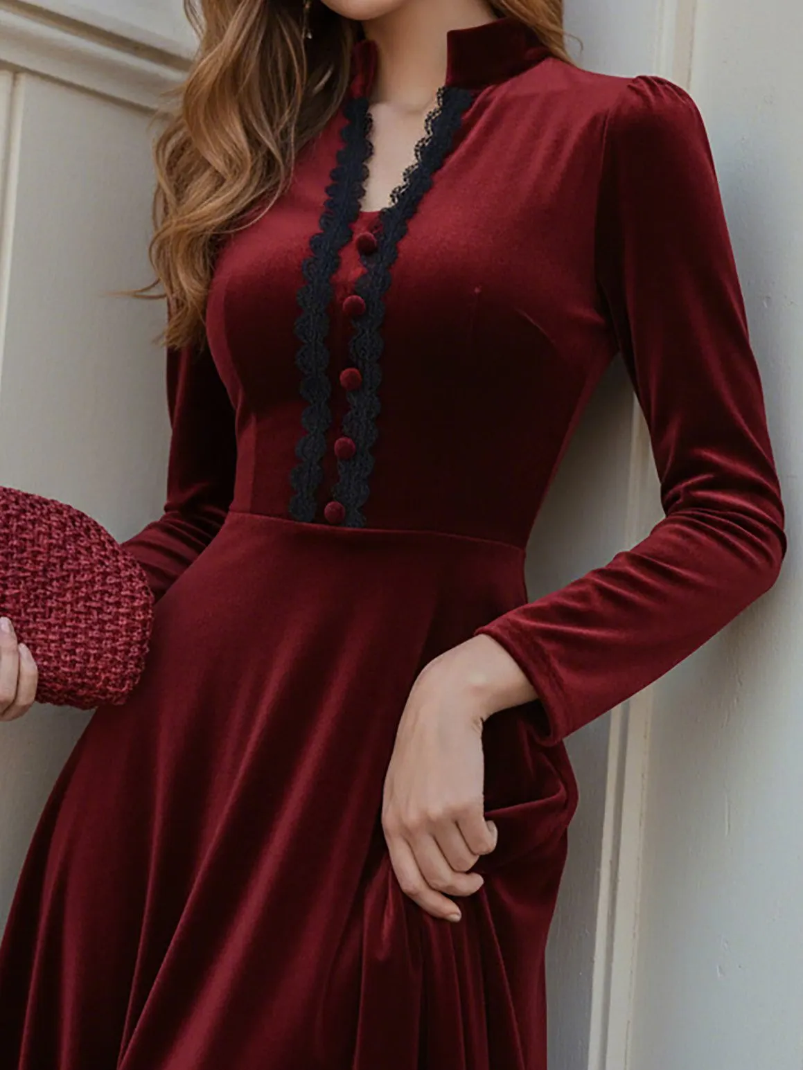 Midi Cotton Dress, Long Sleeves, Stand Collar, Plain, Lace, French Vintage, Wine Red - Wine Red