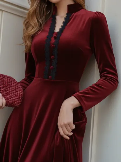 Midi Cotton Dress, Long Sleeves, Stand Collar, Plain, Lace, French Vintage, Wine Red - Wine Red