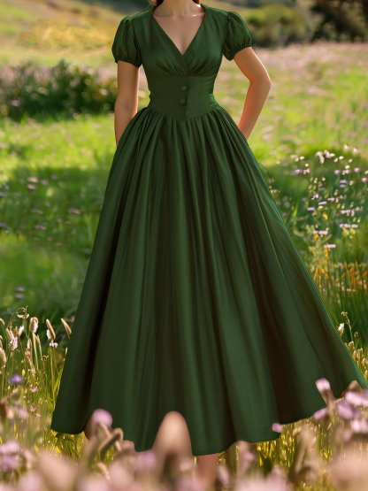Cotton Maxi Dress, Balloon Sleeve, V neck, Plain, Vintage, Dark Green - Dark Green