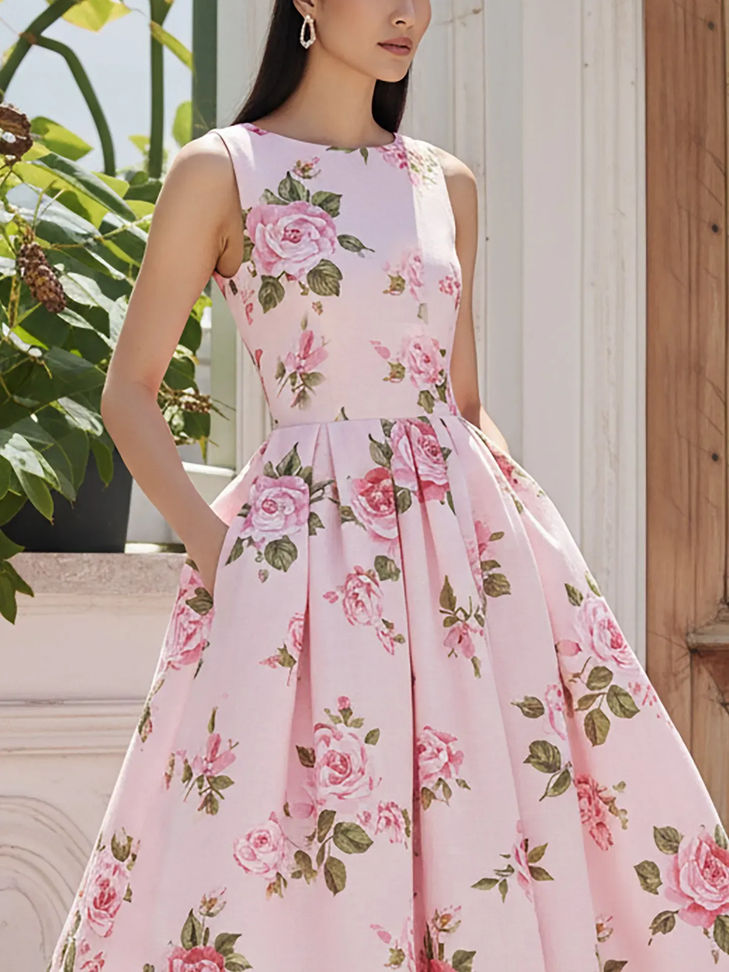 Midi Linen Dress, Sleeveless, Round Neck, Floral, Pocket Design, Vintage, Pink - Pink