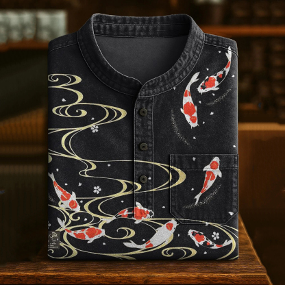 Vintage Japanese Carp Art Print Casual Shirt - Black