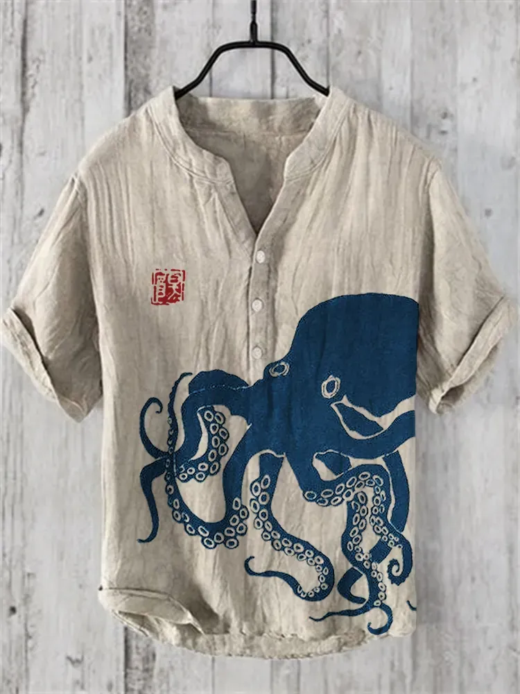 Octopus Japanese Lino Art Linen Blend Shirt - Black