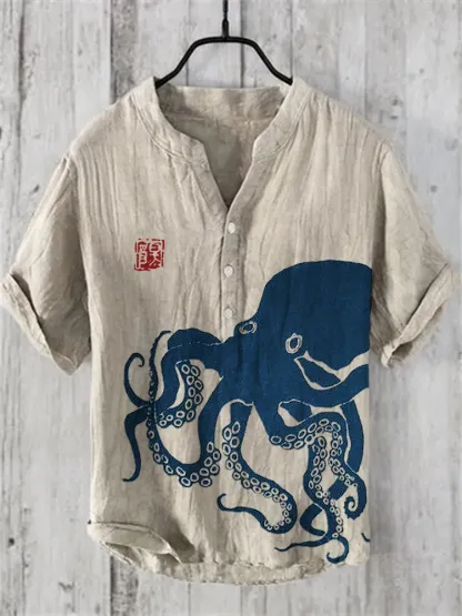 Octopus Japanese Lino Art Linen Blend Shirt - Black