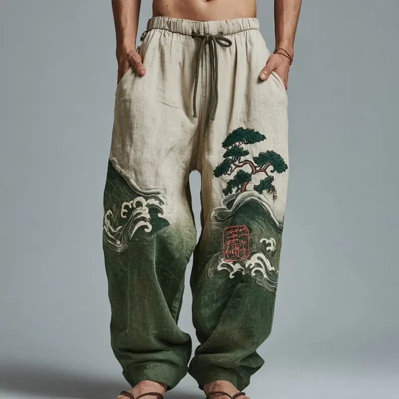Men's Japanese Waves & Pine Tree Embroidered Linen Trousers - Green