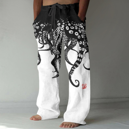 Vintage Japanese Art Octopus Legs Print Casual Linen Blend Pants - Black
