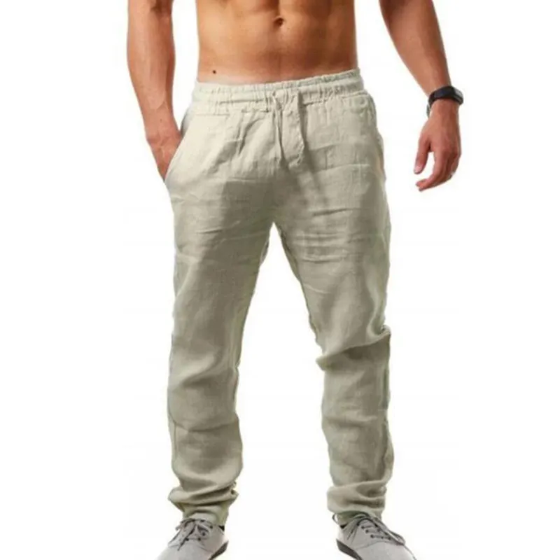 Men'S Vintage Drawstring Casual Cotton Linen Pants - Black