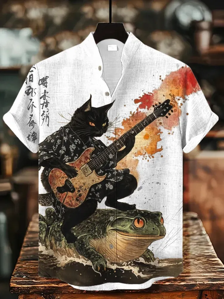 Men's Black Cat Riding On Toad Playing Guitar Print Short Sleeve Shirt - Beige