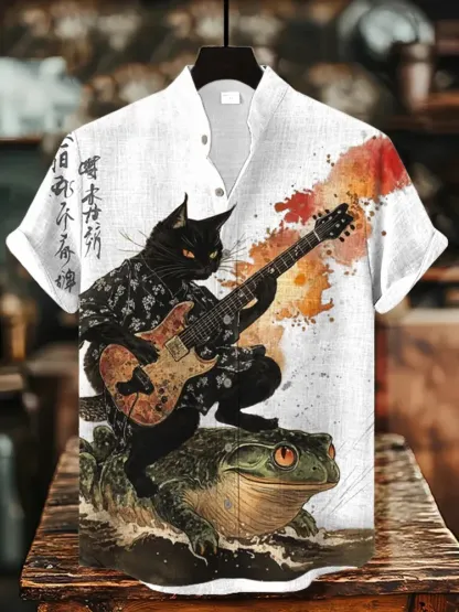 Men's Black Cat Riding On Toad Playing Guitar Print Short Sleeve Shirt - Beige