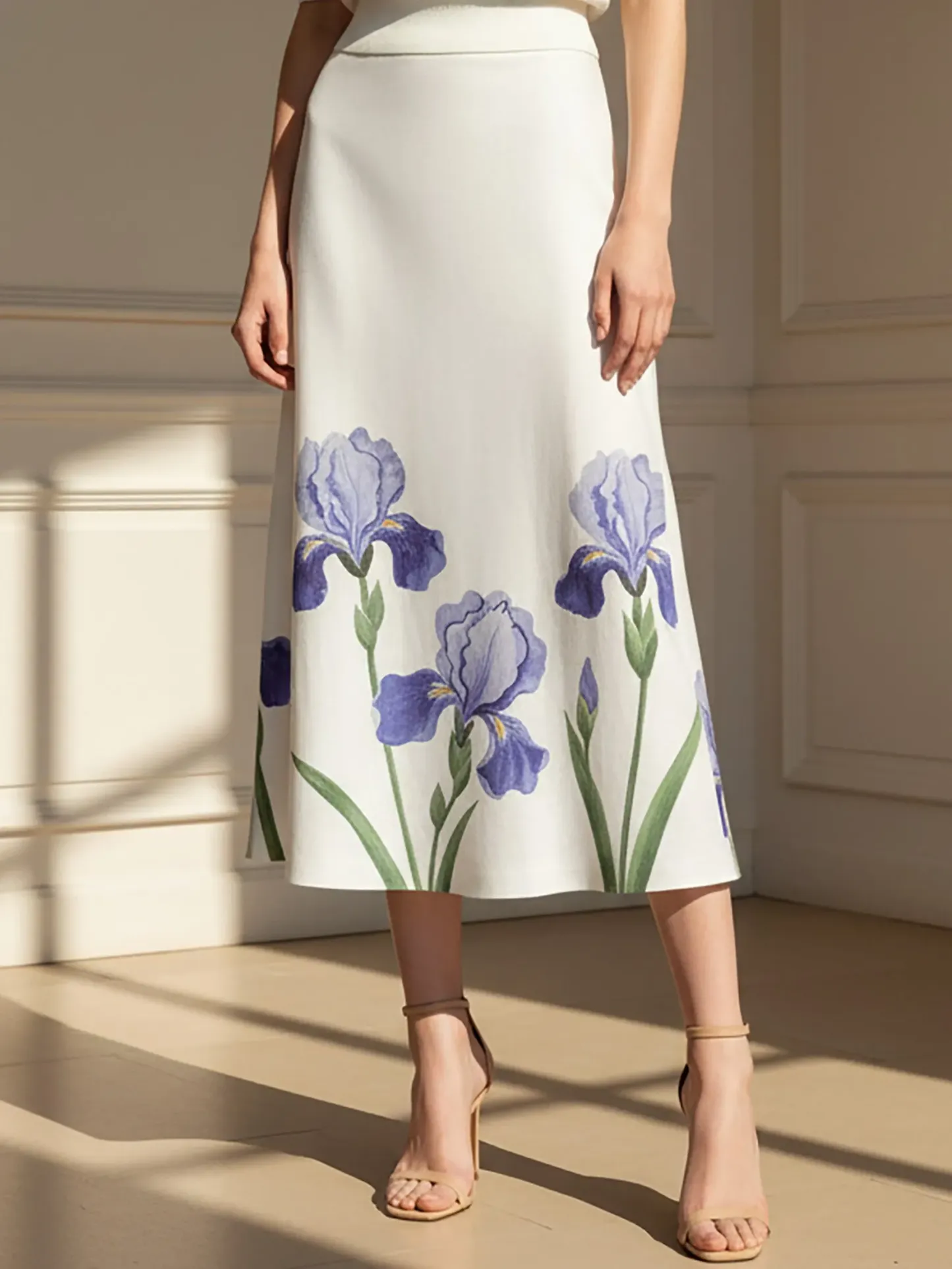 Midi Linen Skirt,  Floral, Vintage, White - White