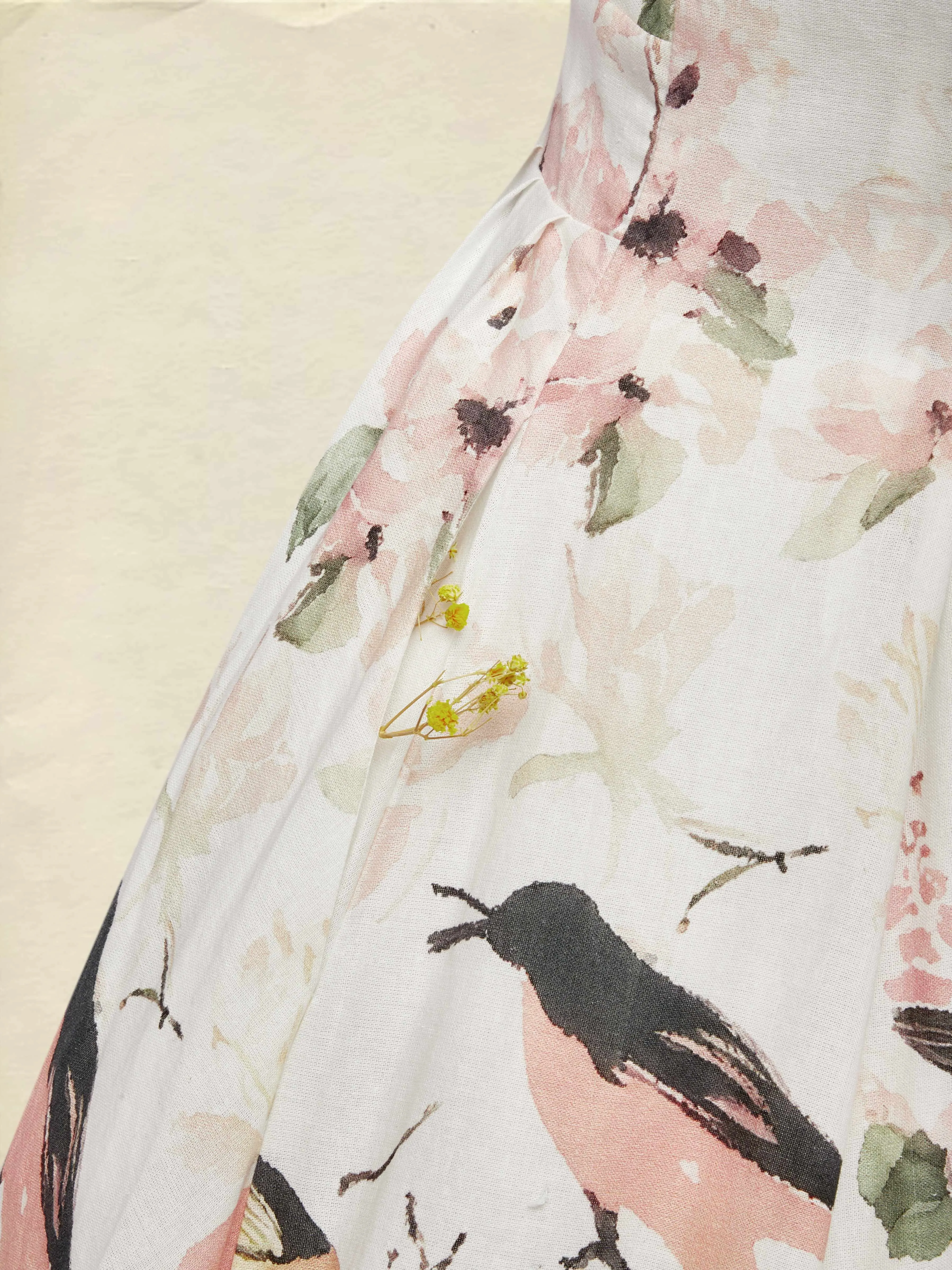 Linen Maxi Dress, Balloon Sleeve, Shawl Collar, Floral, Vintage, White - White