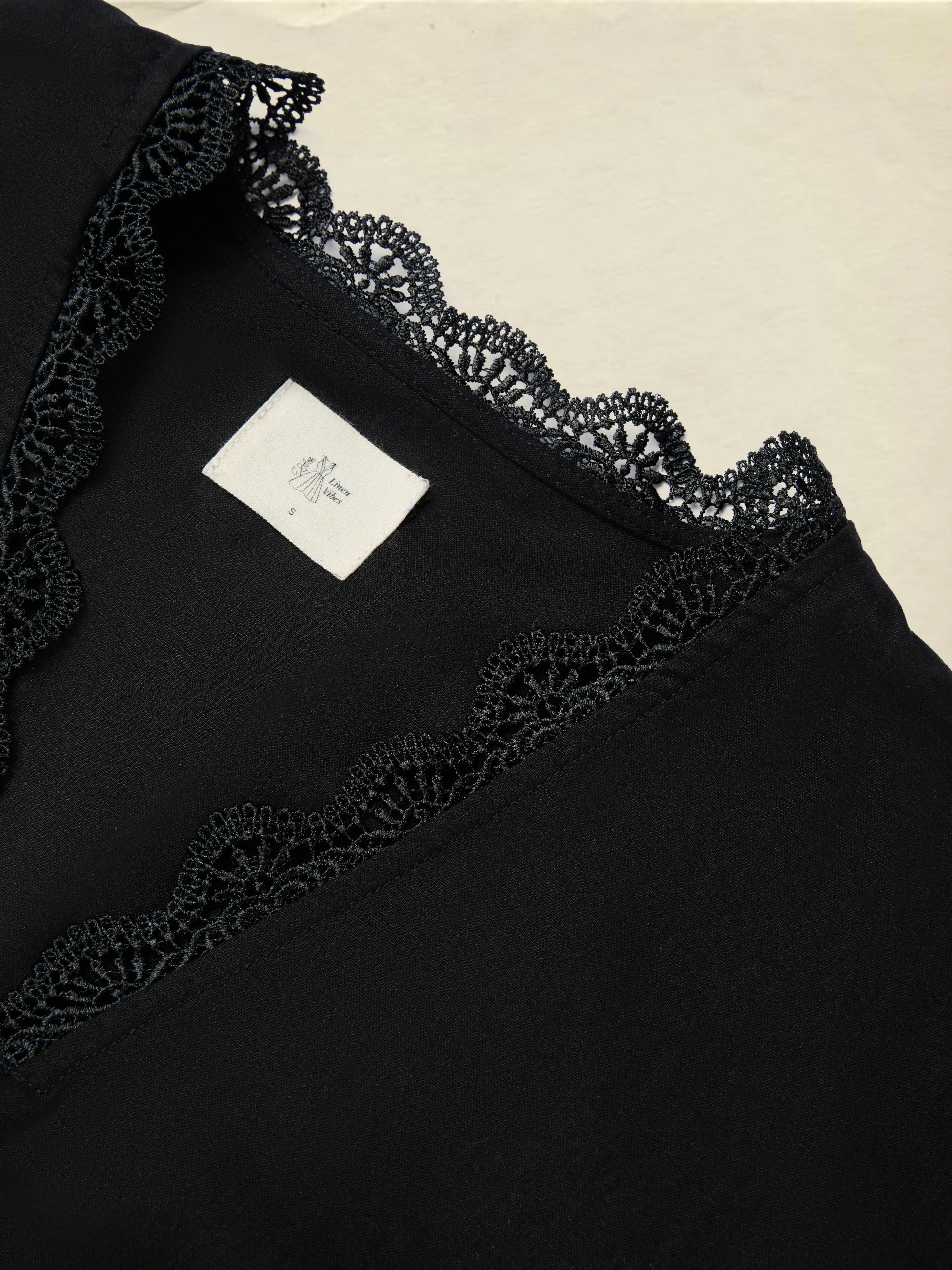 Linen Shirt, Half Sleeve, V Neck, Plain, Lace, French Vintage, Black - Black