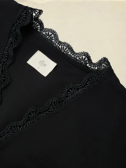 Linen Shirt, Half Sleeve, V Neck, Plain, Lace, French Vintage, Black - Black